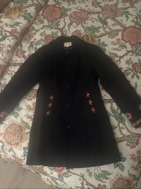 Black Embroidered Floral Button-Up Coat